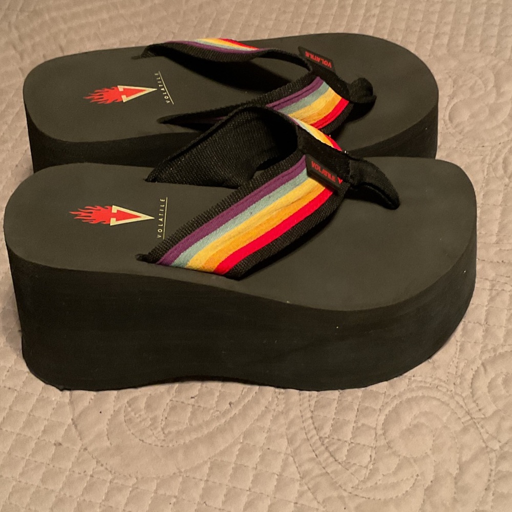 Volatile Rainbow Strap Platform Flip Flop Thong Sandals.
